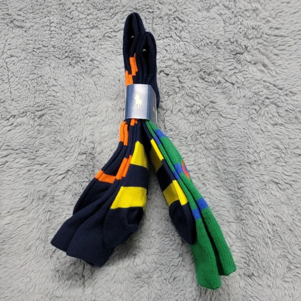 Polo Ralph Lauren Socks Mens 10-13 Green Navy Rugby Stripe Pony Crew 2 Pairs